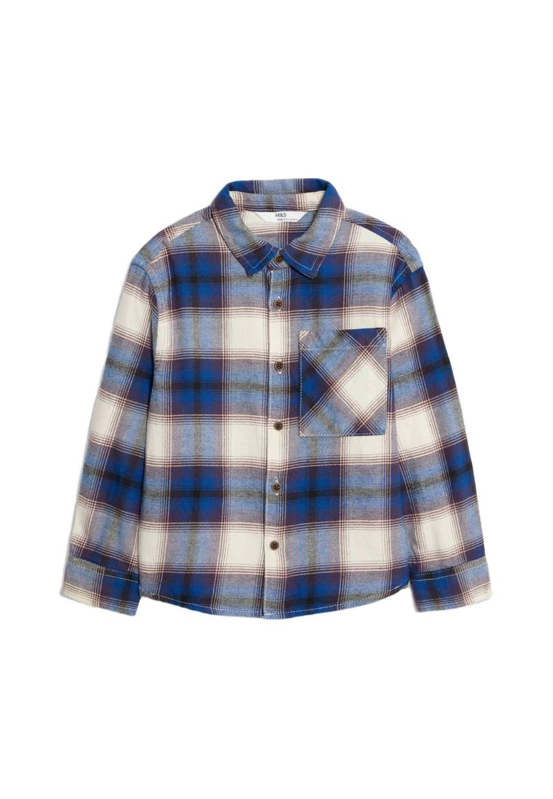 Camicia a quadri blu e bianca realizzata in flanella, con bottoni frontali, colletto e una tasca sul petto con un motivo simile.