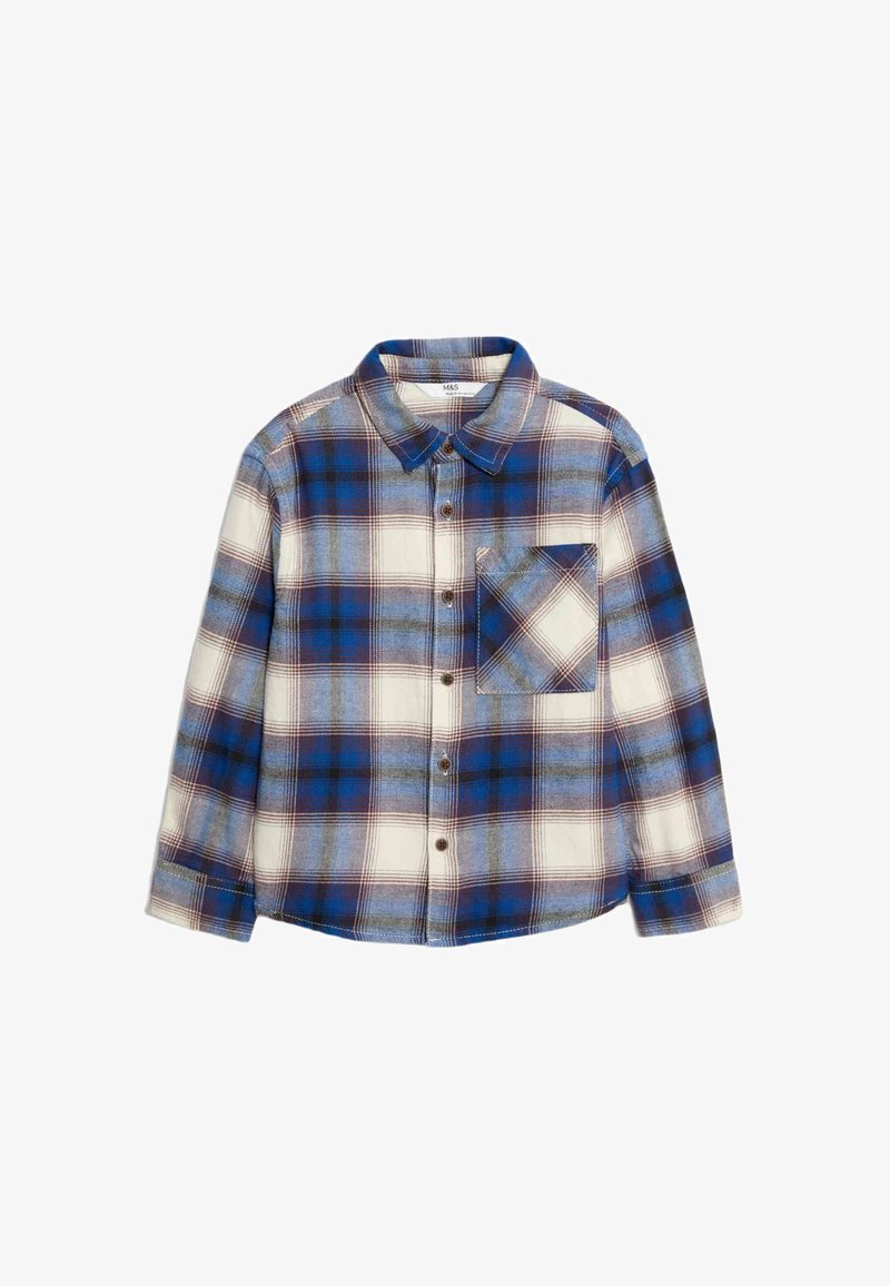 Blauw en wit geruit overhemd van flanelstof, met een knoopsluiting aan de voorkant, kraag en een borstzak met een vergelijkbaar patroon.