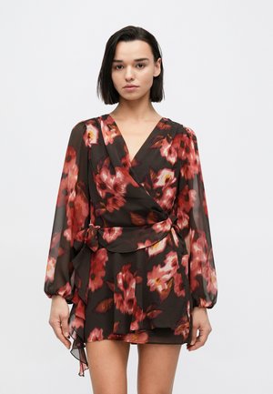 PLUNGE WRAP MINI FLORAL - Vestido informal - dark red