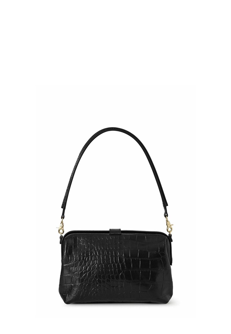 Borsa in pelle nera con stampa coccodrillo, compatta e strutturata, con manico corto e dettagli in metallo dorato.