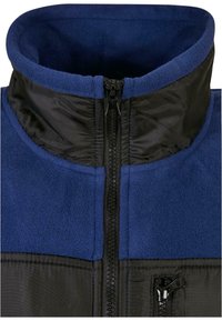 Giacca in pile blu con colletto in nylon nero, chiusura a zip e tasca laterale con cerniera. Tessuto morbido, presenta un design bicolore.