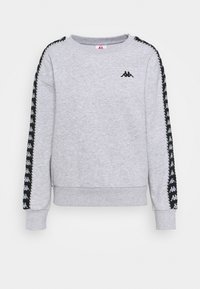 Sudadera de manga larga gris claro con cinta de logotipo en blanco y negro a lo largo de las mangas y pequeño logotipo negro en el lado izquierdo del pecho.