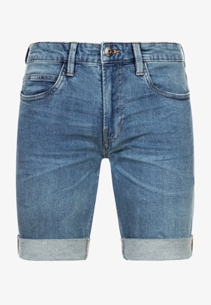 Jeanshorts i falmet blå med rett snitt, oppbrettede ermer, fem lommer og metallknapplukking i livet.
