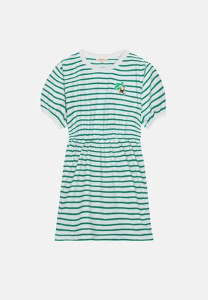 Grün-weißer gestreifter, weicher Stoffkleid mit kurzen Puffärmeln, elastischem Bund und einer Palmbaumstickerei auf der Brust.
