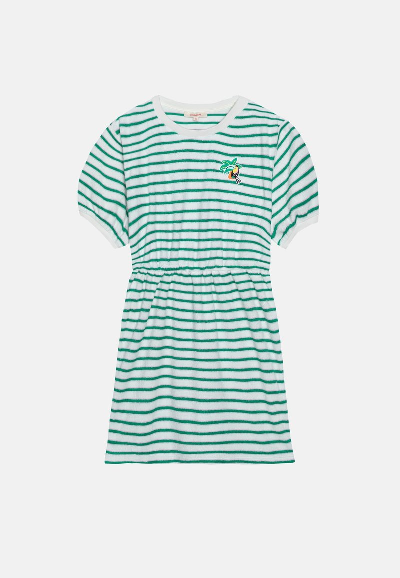 Vestido de tela suave a rayas verdes y blancas, con mangas cortas abullonadas, cintura elástica y bordado de palmera en el pecho.