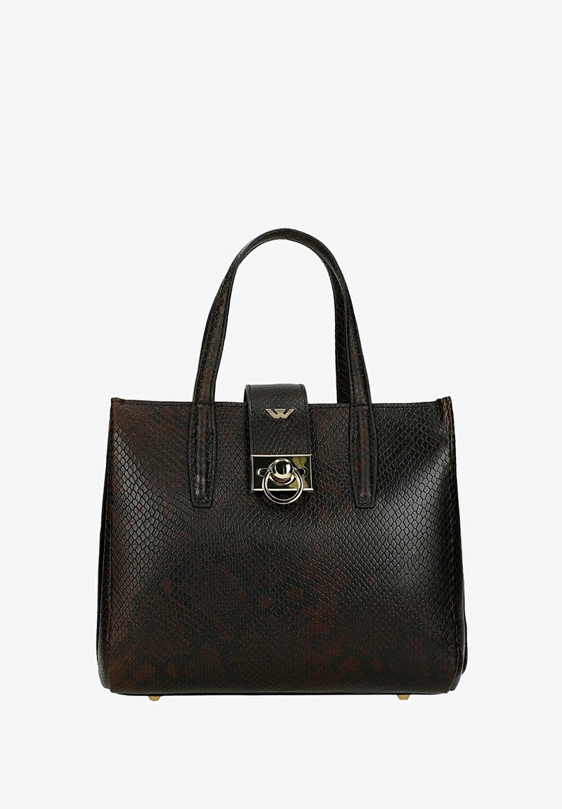Donkerbruine leren handtas met een gestructureerd slangenhuidpatroon, voorzien van een frontklep met een cirkelvormig metalen accent en twee handvatten.