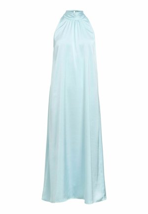 Abito senza maniche in raso azzurro chiaro con collo alto arricciato e silhouette fluida a linea A.