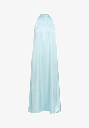 Vestido sin mangas de satén azul claro con cuello alto fruncido y silueta fluida en línea A.