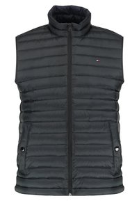Padded black vest with a high collar, zip closure, and two side pockets. Features horizontal stitching and a small logo on the chest.