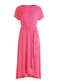 Rosa Kleid aus leichtem Stoff, mit kurzen Ärmeln, einer taillierten Taille mit einer runden Schnalle und einem fließenden Rock mit asymmetrischem Saum.