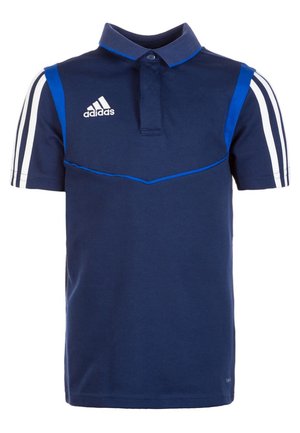 Dunkelblaues Poloshirt mit einer Dreiknopf-Leiste, blauen Akzenten und weißen Streifen an den Ärmeln. Material: Baumwollmischung. Adidas-Logo sichtbar.