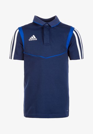 Dunkelblaues Poloshirt mit einer Dreiknopf-Leiste, blauen Akzenten und weißen Streifen an den Ärmeln. Material: Baumwollmischung. Adidas-Logo sichtbar.