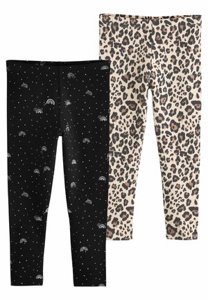 Divas divas legingi: vieni melni ar baltām punktiņiem un varavīksnes rakstu, otri bēši ar brūnu leopardu rakstu. Elastīgs audums, potītes garumā.