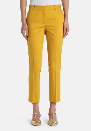 Moteris dėvi garstyčių geltonumo pritaikytas, kulkšnies ilgio kelnes ir auksinius, įstrižais T formos dirželiais batelius su smailiais pirštais, stovinti prieš baltą foną.