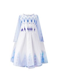 White dress with long blue sheer sleeves, featuring a diamond pattern in blue and purple gems along the bodice and hem.