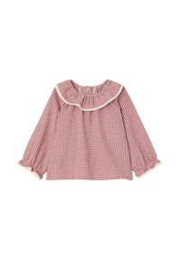Rote Gingham-Bluse mit langen Ärmeln, Rüschensaum und Spitzenbesatz. Sie hat einen gerafften Ausschnitt und elastische Manschetten. Aus Baumwollmaterial.