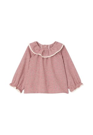 Rote Gingham-Bluse mit langen Ärmeln, Rüschensaum und Spitzenbesatz. Sie hat einen gerafften Ausschnitt und elastische Manschetten. Aus Baumwollmaterial.