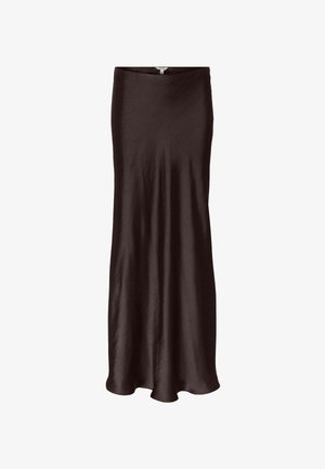 Svart, lång, figurnära kjol tillverkad i ett mjukt, lätt tyg med en något glansig yta. Enkel design med rak fåll.