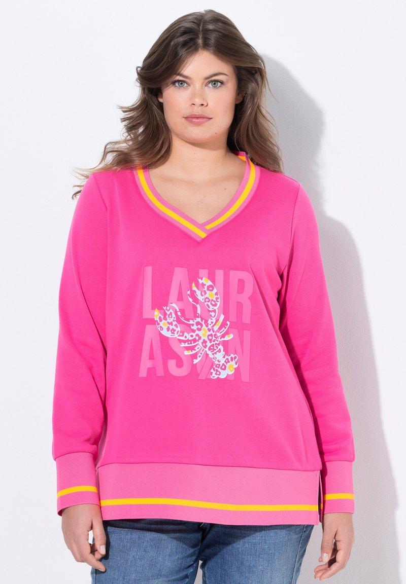 Felpa fucsia con scollo a V, con bordi gialli e una grafica di un'aragosta con un design testuale, vestibilità rilassata e maniche lunghe.
