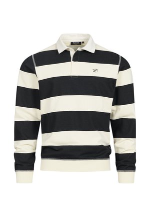 Czarna i kremowa, pasiasta, długi rękaw koszula polo z kołnierzykiem, z małym logo na piersi i ściągaczami na rękawach. Wykończenie z miękkiego materiału.