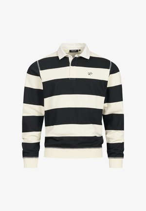 Svart og kremstripet langermet polo skjorte med krage, som har en liten logo på brystet og ribbede mansjetter. Myk materiale.