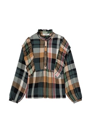 Chemisier à manches longues avec un motif à carreaux, doté d'épaules froncées, d'un col rond et de couleurs comprenant le vert, le noir, l'orange et le beige.