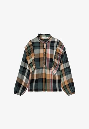 Chemisier à manches longues avec un motif à carreaux, doté d'épaules froncées, d'un col rond et de couleurs comprenant le vert, le noir, l'orange et le beige.