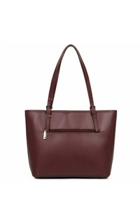 Bordeaux lederen totebag met dubbele handvatten, rechthoekige vorm, een voorzak met rits en een gladde textuur. Subtiele stikdetails zijn aanwezig.