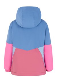Giacca con cappuccio, parte superiore blu, maniche rosa e sezione inferiore rosa. Tessuto morbido e resistente all'acqua con polsini elastici.
