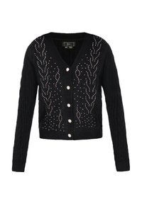 Musta neulecardigan, jossa on V-pääntie, palmikkoneulekuvio ja koristeellinen strassit. Etuosassa on seitsemän helmiknappia.