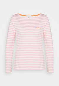 Halenka s dlouhými rukávy v růžových a bílých pruzích s oranžovým akcentem na výstřihu. Na hrudi se nachází vyšívané logo "Barbour" v oranžové barvě.