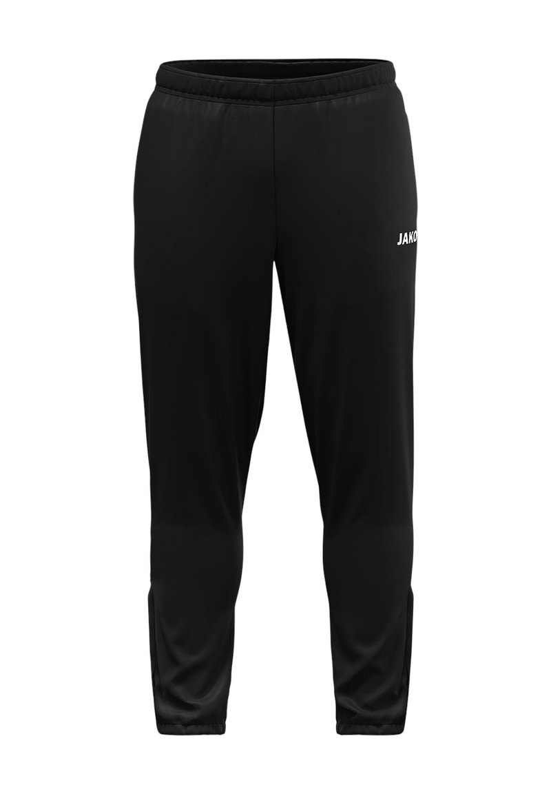 Pantalons de sport noirs avec une taille à cordon de serrage, des jambes fuselées et des zips sur les côtés. Présente un logo "JAKO" blanc sur la jambe gauche inférieure.