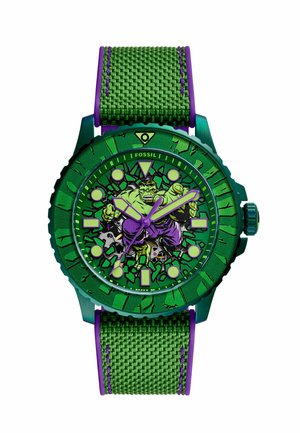 Groen polshorloge met stoffen bandje, met een Hulk superheld ontwerp op de wijzerplaat en paarse wijzers en accenten.