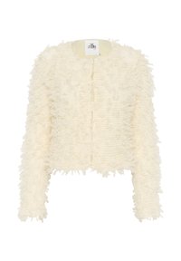 Fehér, rövidített kabát textured, rojtos felülettel. Kerek nyakkivágás, zárás nélkül, hosszú ujjakkal. Címke látható a nyakrész belsejében.