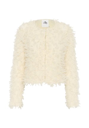 Balta apkarpyta striukė su tekstūruotu, nuskeltu paviršiumi. Apvalus iškirpimas, be užsegimo ir ilgomis rankovėmis. Etiketė matoma apykaklės vidinėje pusėje.