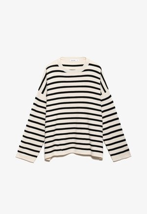 Svītrainā džemperis ar melnu un krēmkrāsas rakstu, izgatavots no teksturēta auduma, ar garām piedurknēm un apaļu kakla izgriezumu.