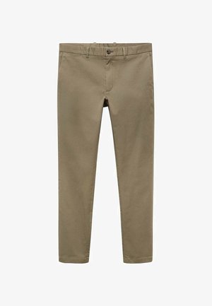 Schmal geschnittene khakifarbene Hose aus einem glatten, atmungsaktiven Material. Mit einem Knopfverschluss, Gürtelschlaufen sowie Taschen vorne und hinten.