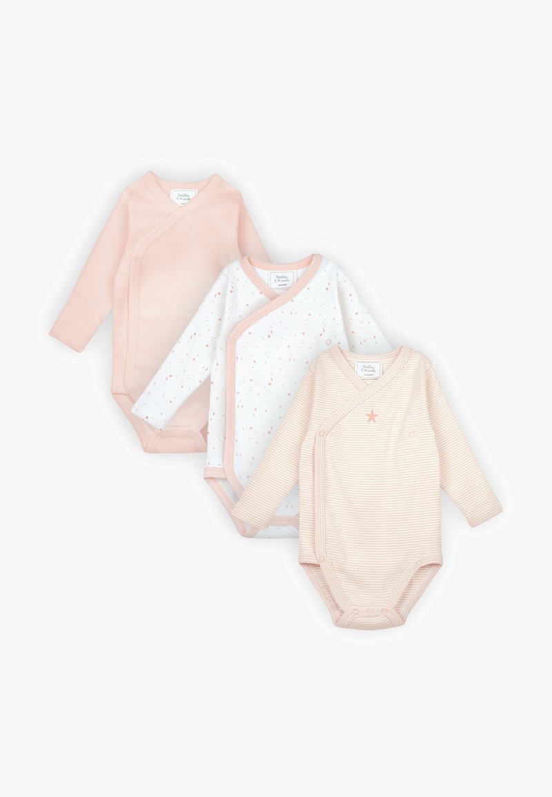 Tre body per bambini a maniche lunghe in rosa tenue, bianco con motivi a stelle e a righe rosa con dettaglio a stelle, disposti distesi su uno sfondo bianco.