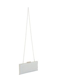 Sølv kædested clutch taske med en struktureret lyseblå overflade, rektangulær form og lås, der har en glitrende finish.