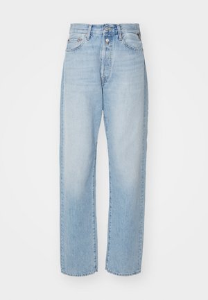 Light blue straight-leg jeans made of denim, featuring a high waist, five-pocket design, and a button fly closure.