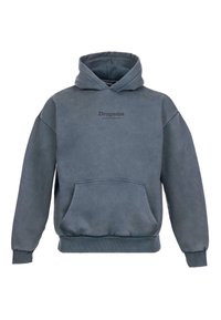 Kapuzensweatshirt in gedämpftem Blau-Grau, aus weichem Stoff gefertigt. Verfügt über eine frontale Kängurutasche und Logo-Text in dunklerer Farbe. Bequeme Passform.