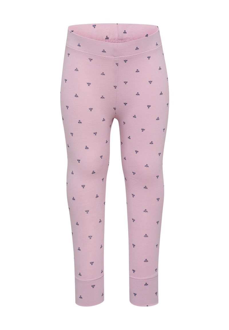Rosa leggings i mjuk bomull, med ett subtilt mönster av små mörkblå blommor. En elastisk midja för komfort.