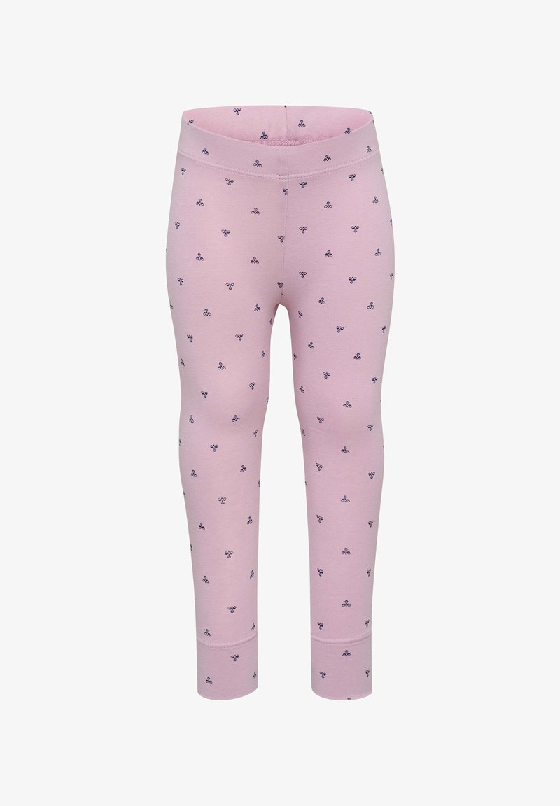 Rosa leggings i mjuk bomull, med ett subtilt mönster av små mörkblå blommor. En elastisk midja för komfort.