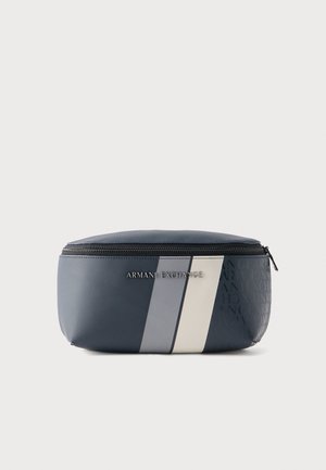 Borsetă compactă de culoare albastru închis, cu dungi diagonale gri și albe, închidere cu fermoar și logo "Armani Exchange" pe partea din față.