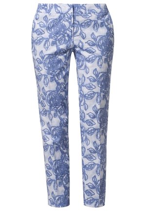 Hvide slim-fit bukser med et blåt blomstret blondemønster og en frontlukning med søm.