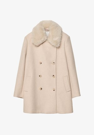 Dwurzędowy płaszcz w jasnobeżowej wełnie z kołnierzem z sztucznego futra, z dwoma bocznymi kieszeniami i sześcioma pasującymi guzikami z przodu.