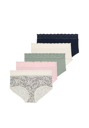Five pairs of women's panties with lace trim, in dark navy, pale pink, cream, muted green, and a floral print. Cotton blend fabric.