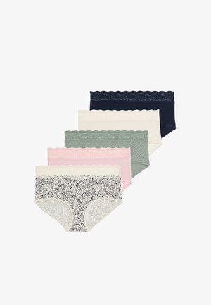 Five pairs of women's panties with lace trim, in dark navy, pale pink, cream, muted green, and a floral print. Cotton blend fabric.