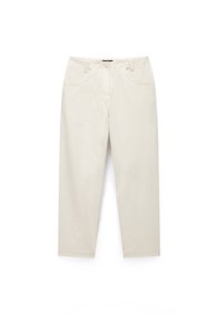 Beige straight-leg pants made from cotton blend fabric. Features two front pockets, button closure, and a smooth texture.