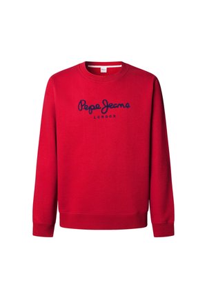 Rød crewneck sweatshirts med lange ærmer, ribbede manchetter og kant, med 'Pepe Jeans London' logo i marineblå på fronten.